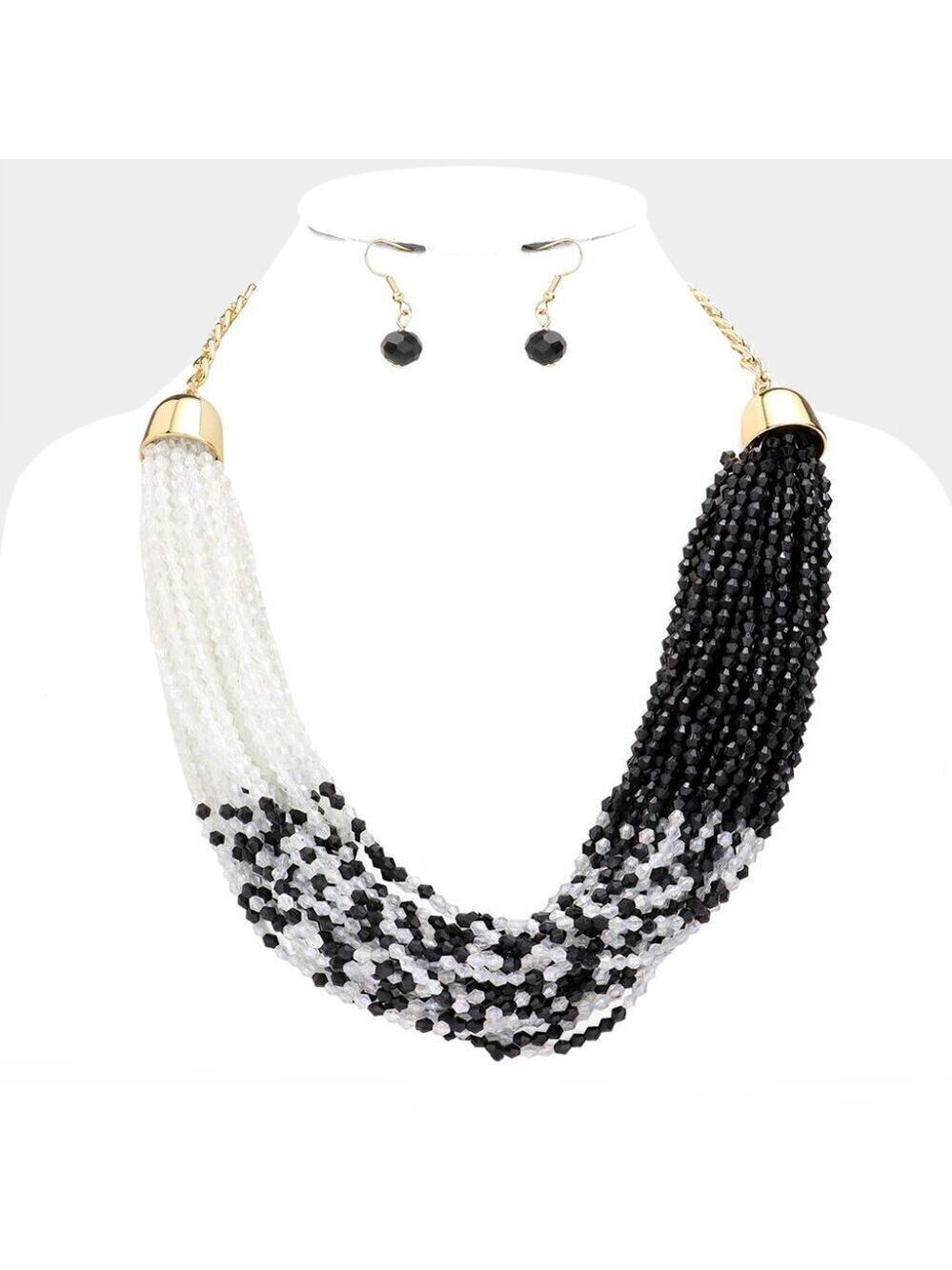 NEW Black White Colorblock Multi Beaded Layered Necklace
